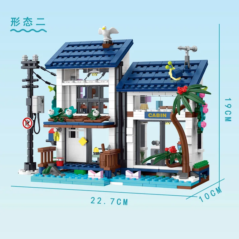 XMork 20201 Seaside 3-in-1 Holiday Villa Model Modular Street View Series Adultes DIY Toys Building Blocks Boys' Holiday Gifts