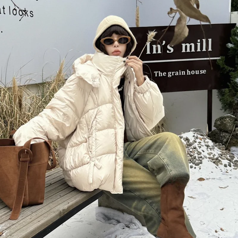 Fluffy Hooded Mid-length Down Jacket Winter Thickened 90 Duck Down Jacket Warm Parka 2024 New Korean Version Bread Down Jacket