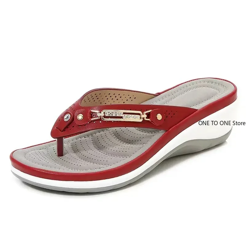 

2025 Women's Slippers Summer New Fashion Metal Button Slides Shoes Wedge Beach Sandals Women Outside Platform Leisure Flip Flops