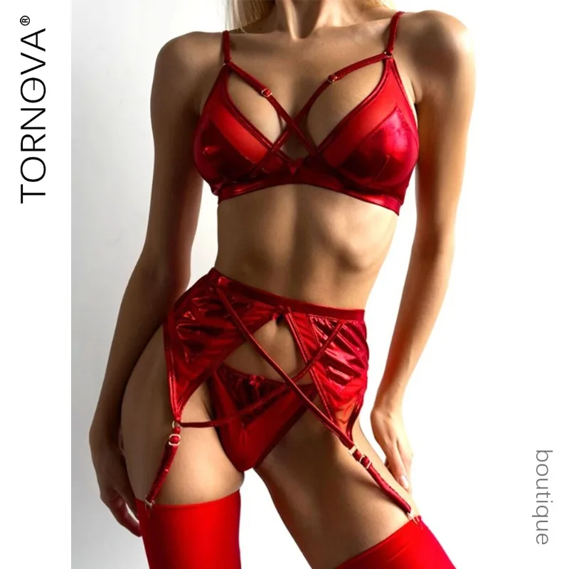 

Tornova Women's Sexy Lingerie Set Mesh Splicing Bra Leg Rings Complex Intertwined 4-Piece Underwear Suit for Special Occasions