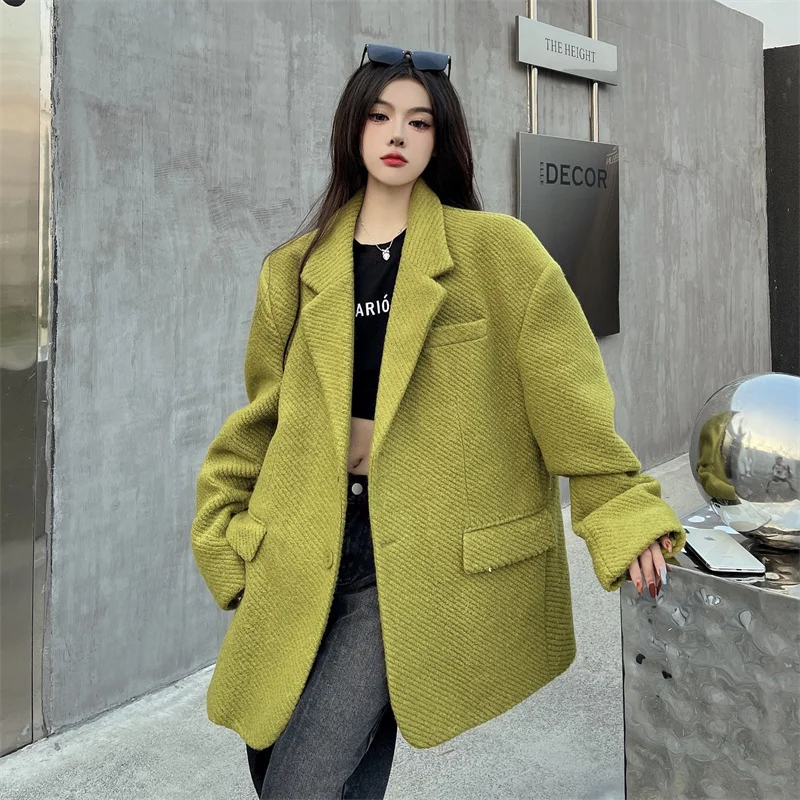 Korean Version Of High-end Mustard Green Woolen Suit Jacket Women's 2024 Winter Loose And Versatile Casual Outerwear Woolen Top