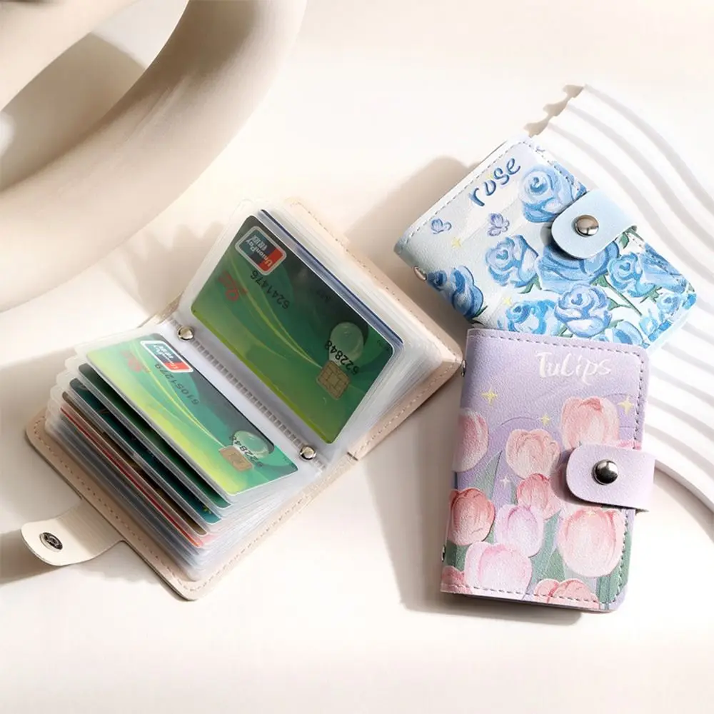 Fashion PU Leather Card Bag Flower Pattern Multiple Card Card Case Waterproof Card Holder for Teenagers Girls