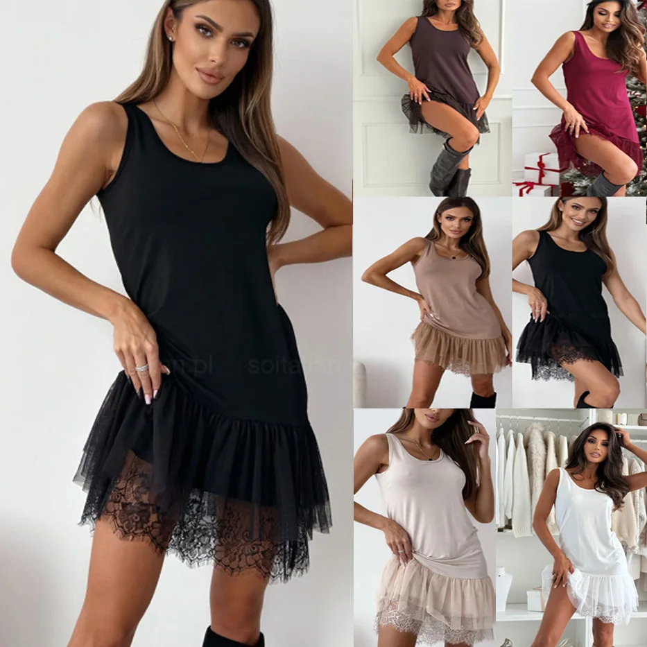 

SKMY 2026 Spring Summer New Fashion Elastic Lace Patchwork Dress Y2k Clothes Women Casual Holiday Party Dress Sleeveless