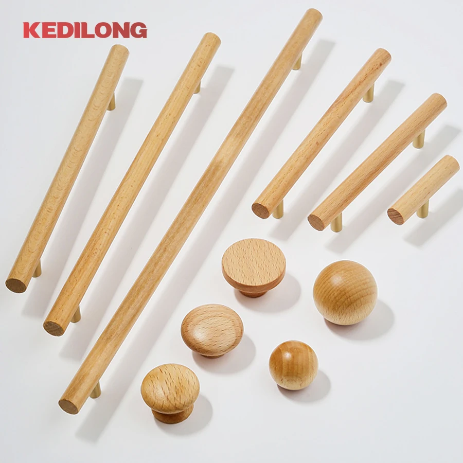 

KEDLO KEDLO European style wooden color single hole knob kitchen cabinet drawer Brass+beech wood T-handle
