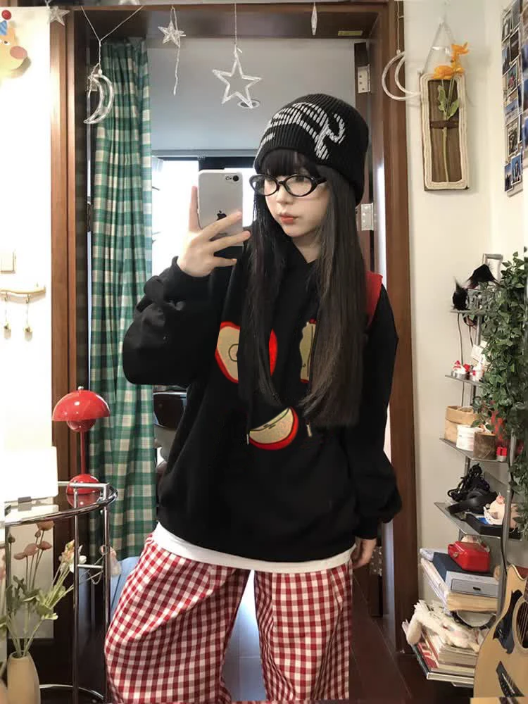 Design americano toalha bordado hoodie feminino solto longo sve outono inverno outerwear confortável casual sle