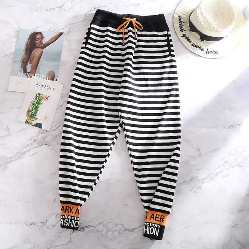 KUSAHIKI Hit Color Knitted Striped Letetrs Harem Pants Lace Up High Waist Women Trousers Causal 2023 Spring Autumn Sweater Pant