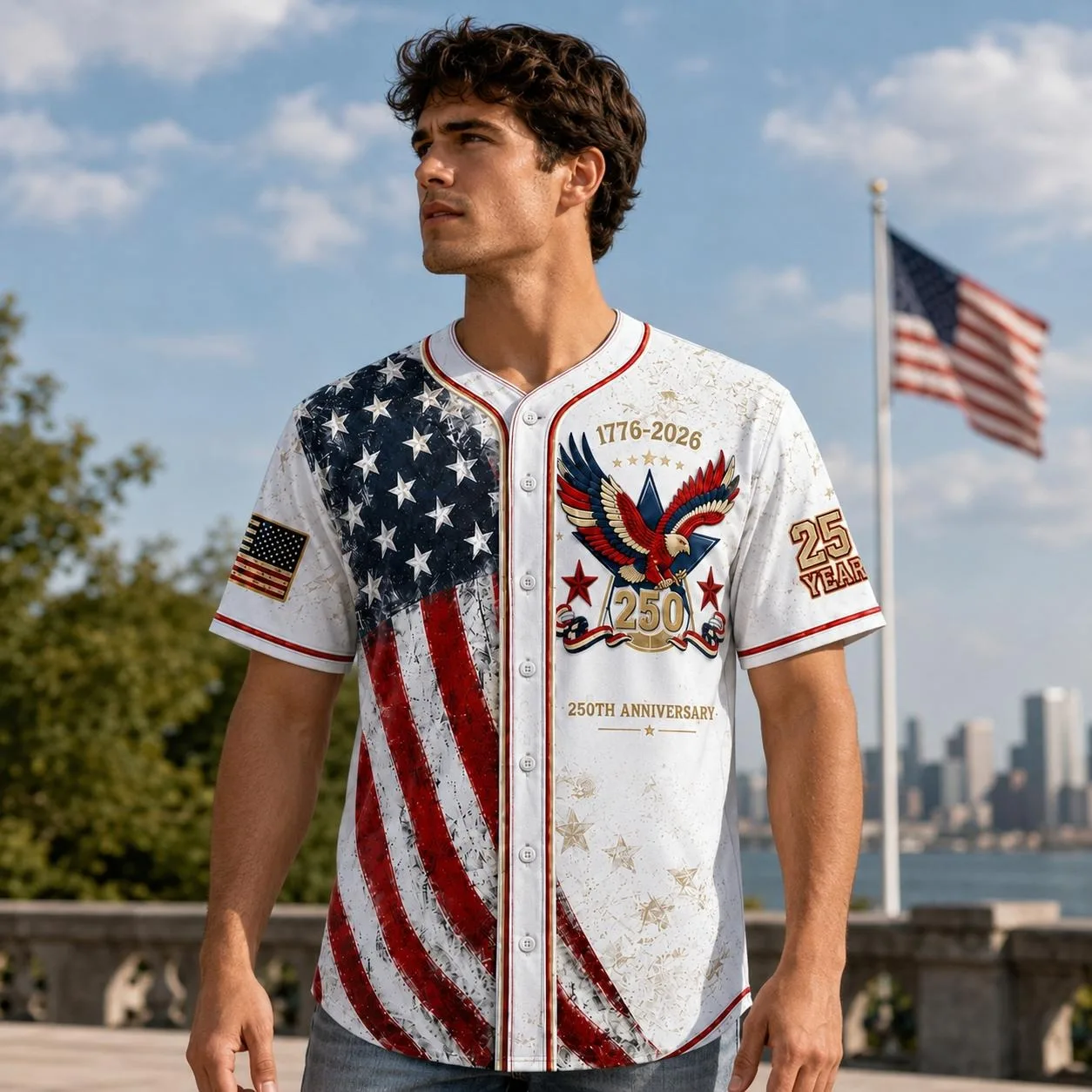 USA 250th Anniversary Baseball Jersey, Unisex Vintage Patriotic Button Down Shirt with Distressed American Flag & Eagle Graphic