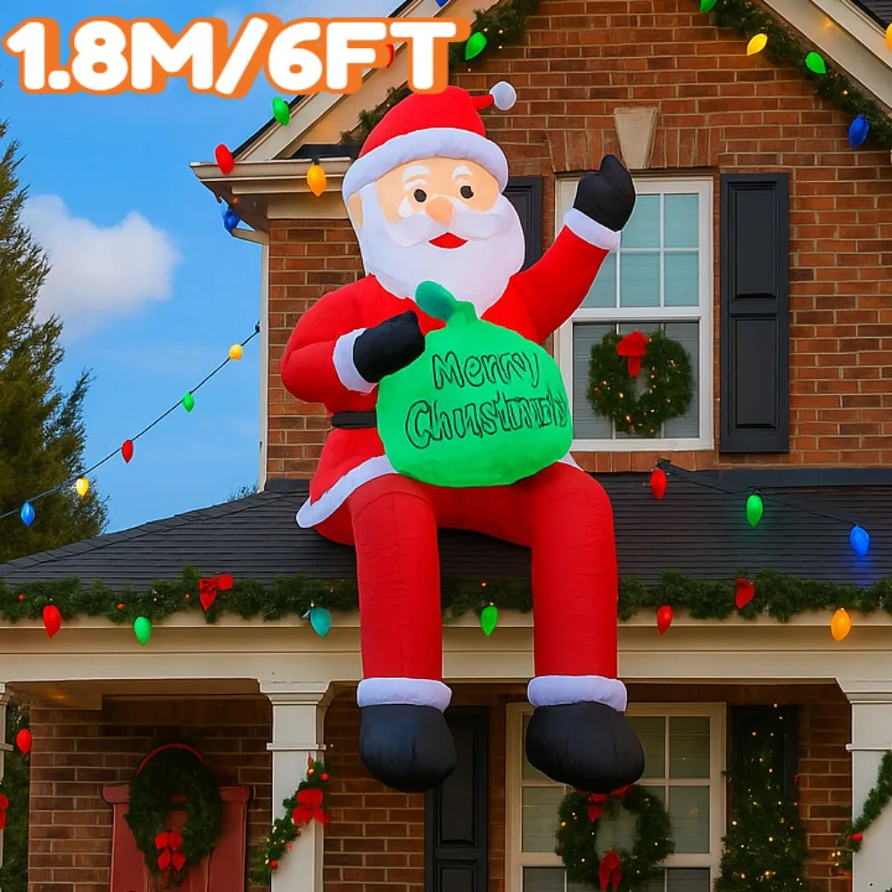 

1.8M/6FT Christmas Decorations Inflatable Toy Santa Claus Holding Gift Home Yard Ornaments with LED Decor Christmas Party Toy