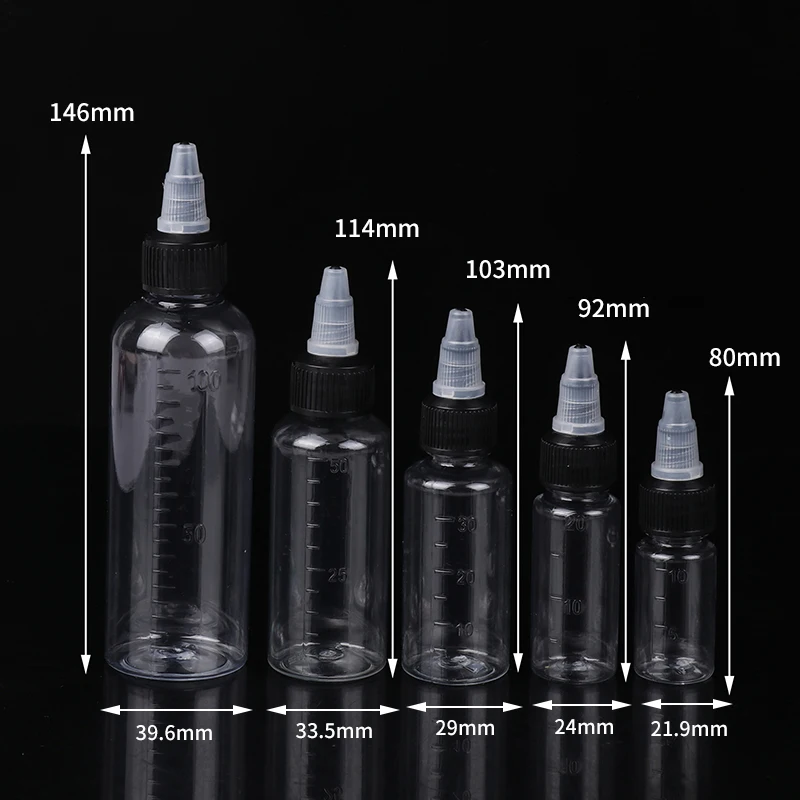 10/20/30/50/100ml Bottiglia vuota per tinture per capelli Twist Top Cap Contenitore da spremere riutilizzabile con scala graduata per inchiostro pigmentato per tatuaggi