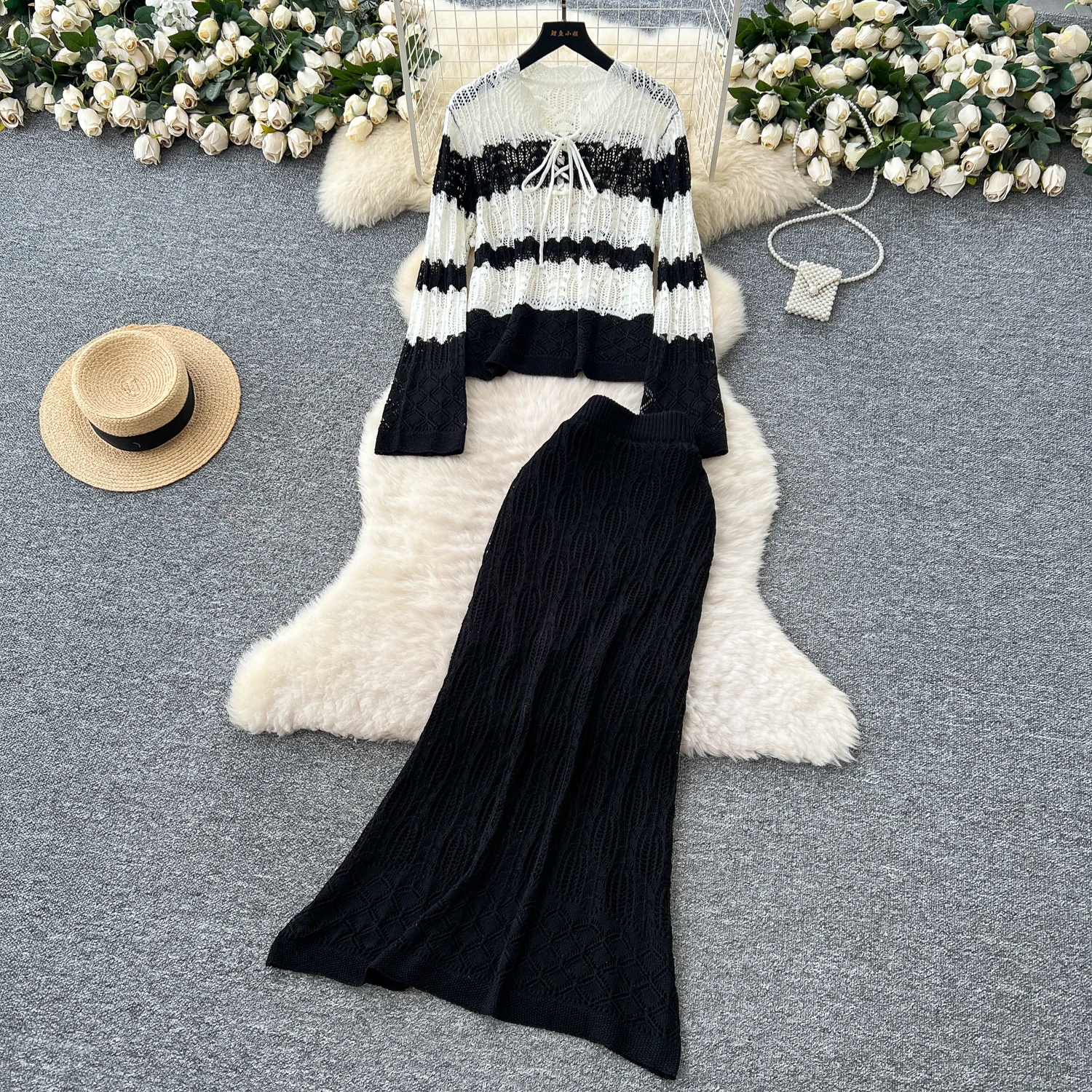 2025 printemps automne plage vacances costume décontracté pour les femmes bohème creux Crochet Colorblock haut en tricot taille haute jupe 2 pièces ensemble