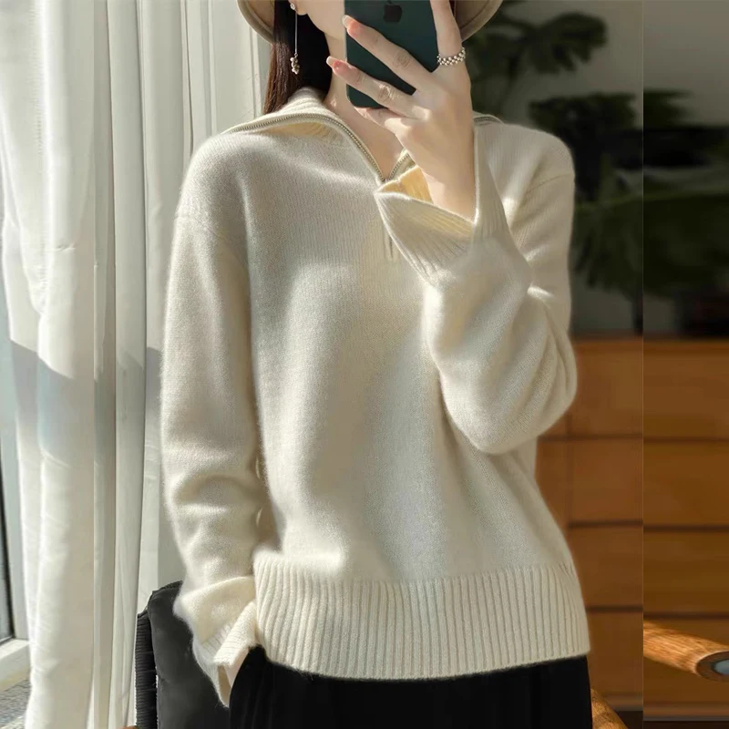 Autumn Winter Commute Vintage Loose Sweaters Fashion Solid Jumper Women Zipper Turn-down Collar Wool Knitted Pullovers