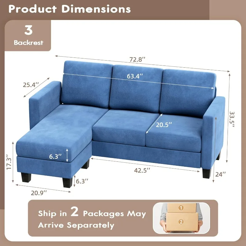 Convertible Sectional Sofa Couch, 3 Seat L-Shaped Sofa with Linen Fabric, Movable Ottoman Small Couch for Small Apartments,