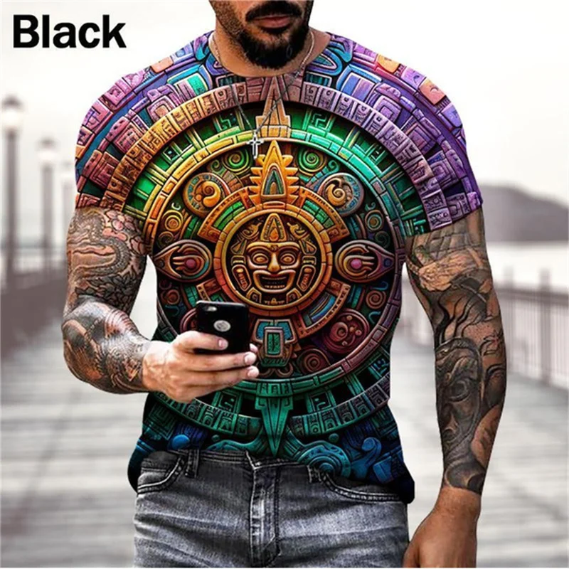 Colorful Cool Pattern T-Shirt For Men Aztec Calendar 3D Printed Tees Summer Casual Short Sleeve Loose T Shirts Round Neck Tops