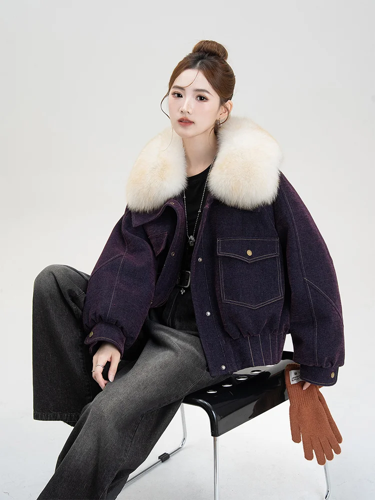 معطف الفرو الحقيقي فرو الثعلب الطبيعي سترة الشتاء الدافئة المرأة أوزة أسفل بطانة داخلية ملء الدافئة سروال قصير غير رسمي النسيج ملابس خارجية #3