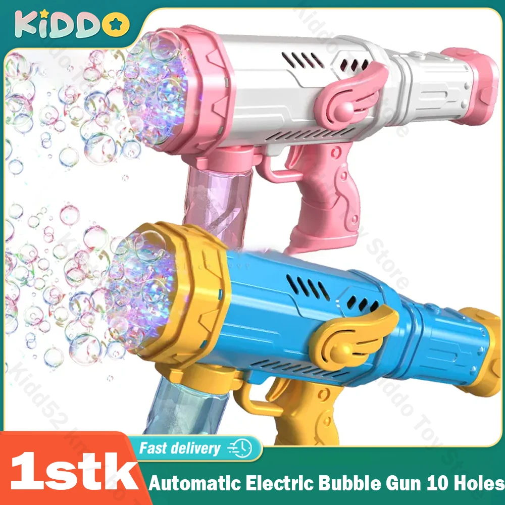 Pistola per bolle elettrica automatica 10 fori Macchina per bolle a razzo Soffiatore Acqua per sapone con giocattolo a LED per bambini Festa di nozze