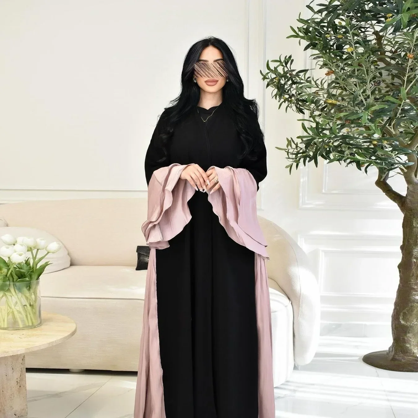 Eid Shiny Satin Open Abaya with Ruffled Sleeves Muslim Dress Women Turkish Abayas Dubai Islamic Clothing Robe Mariage Musulmane