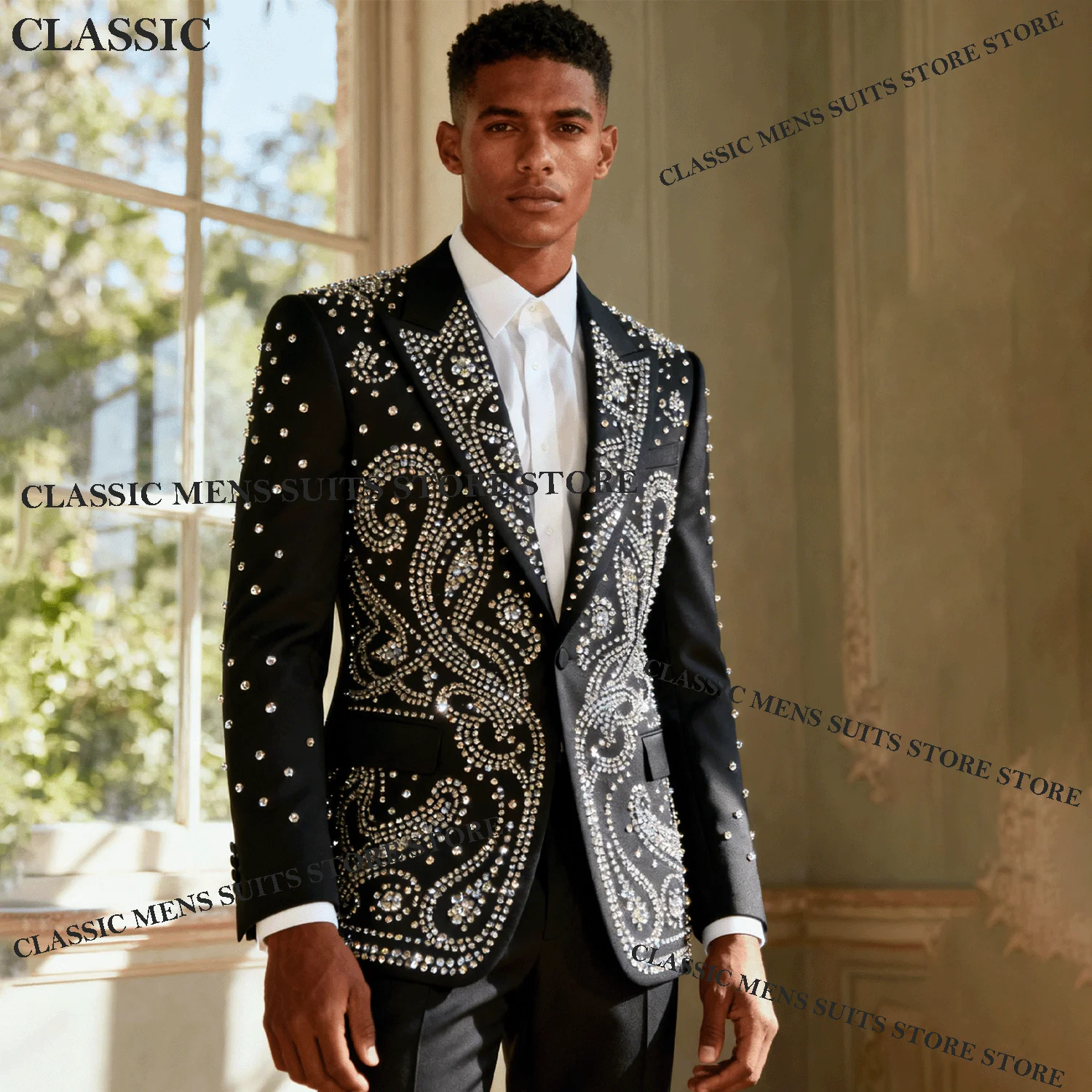 

Customized Design Gem Crystals Diamond Men Suits 2 Pieces Groom Male Blazers Handsome Slim Wedding Party Tuxedos Ropa hombre
