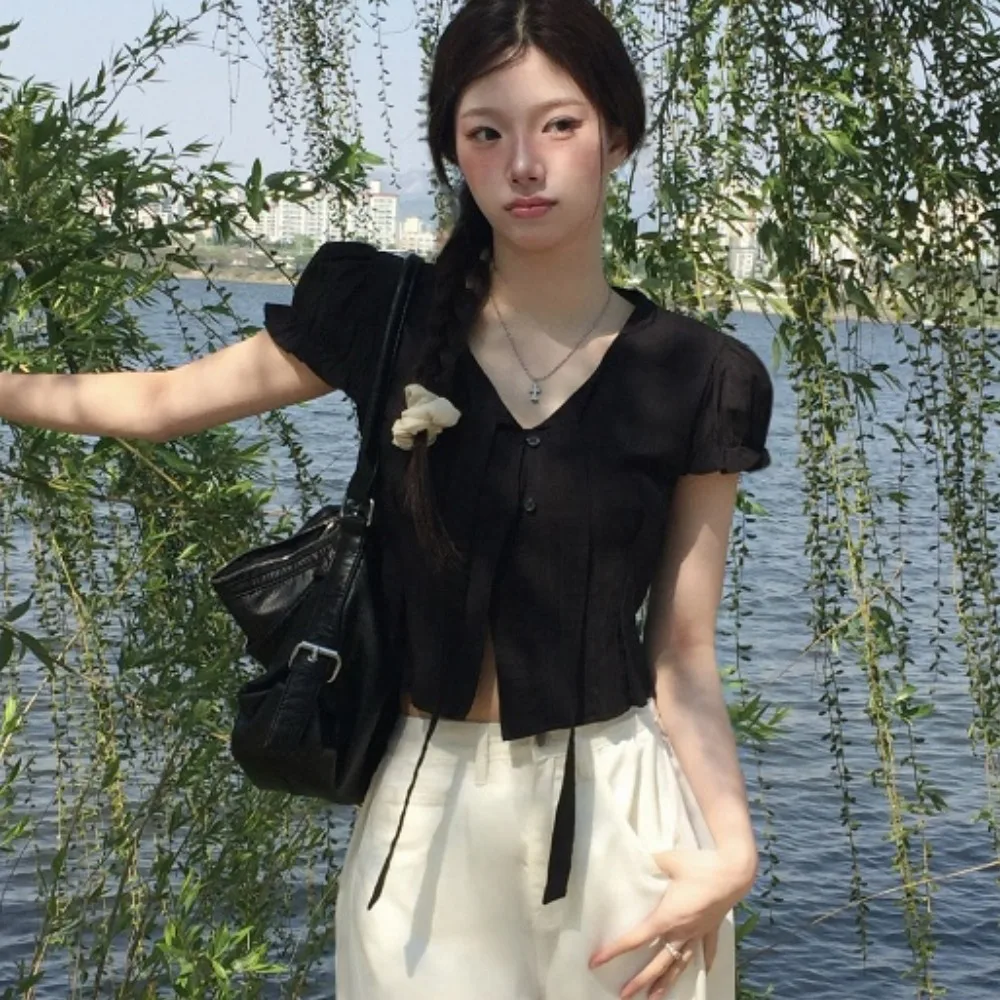 Coreano Sle Chic Simple elegancia irt mujer Faion Bubble Sve suave Sle tamaño pequeño corbata ort Top v-ne ort Sve