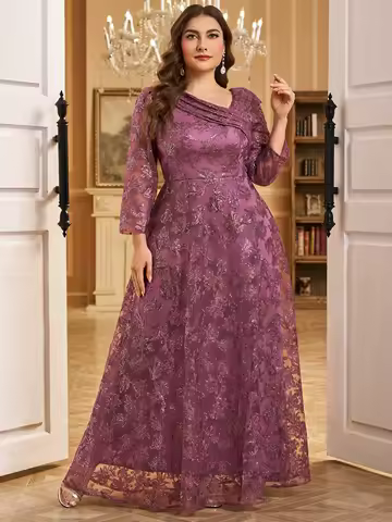 UNITHORSE Plus Size Long Sleeve Embroidered Fabric Evening Dress Skirt Elegant Women's Plus Size Dress