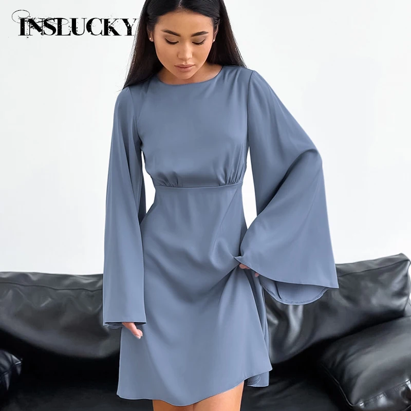 

InsLucky Flare Sleeve Satin Evening Elegant Women Mini Dress Chic Back Hollow Out High Waist A Line Dress Office Lady Partywear