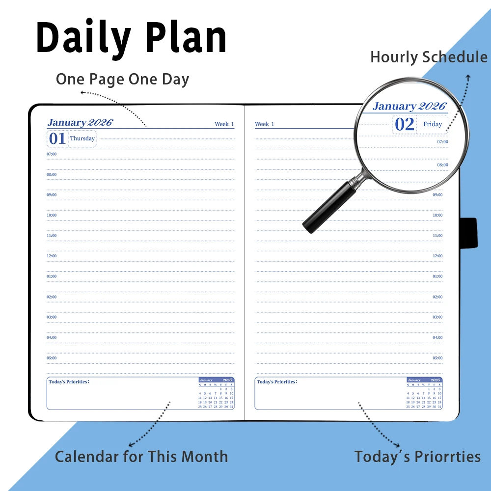 2026 مخطط A5 جدول الأعمال 412 صفحة بولي أغطية أغطية جلد شهري أسبوعي جدول يومي منظم الأعمال دفتر المجلات هدية مذكرات