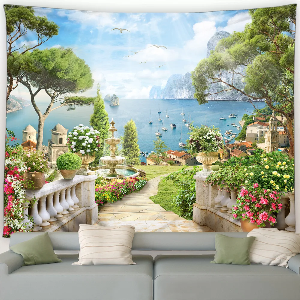 Seaside Landscape Tapestry Pink Flowers Plant Trees European Style Ocean Scenery Garden Wall Hanging Home Living Room Decoration