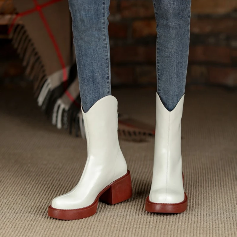 New Winter Split Leather Women shoes Platform boots 2024 Fashion Women Boots Round Toe Chunky Boots Women Solid Women Shoes