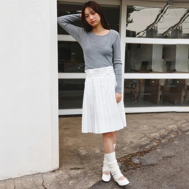 00% algodón puro cintura alta plisada viajero versátil adelgazante f falda coreana Sle Midi falda plisada con cinturón