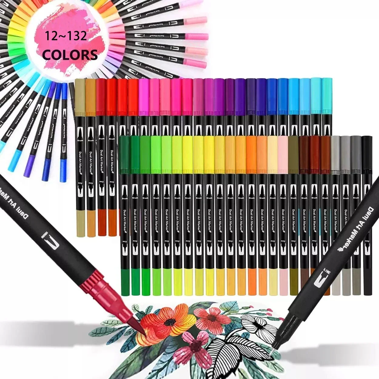 

Watercolor Art Markers Brush Pen Dual Tip Fineliner Drawing for Calligraphy Painting 12/48/60/72/100/132 Colors Set Art Supplies