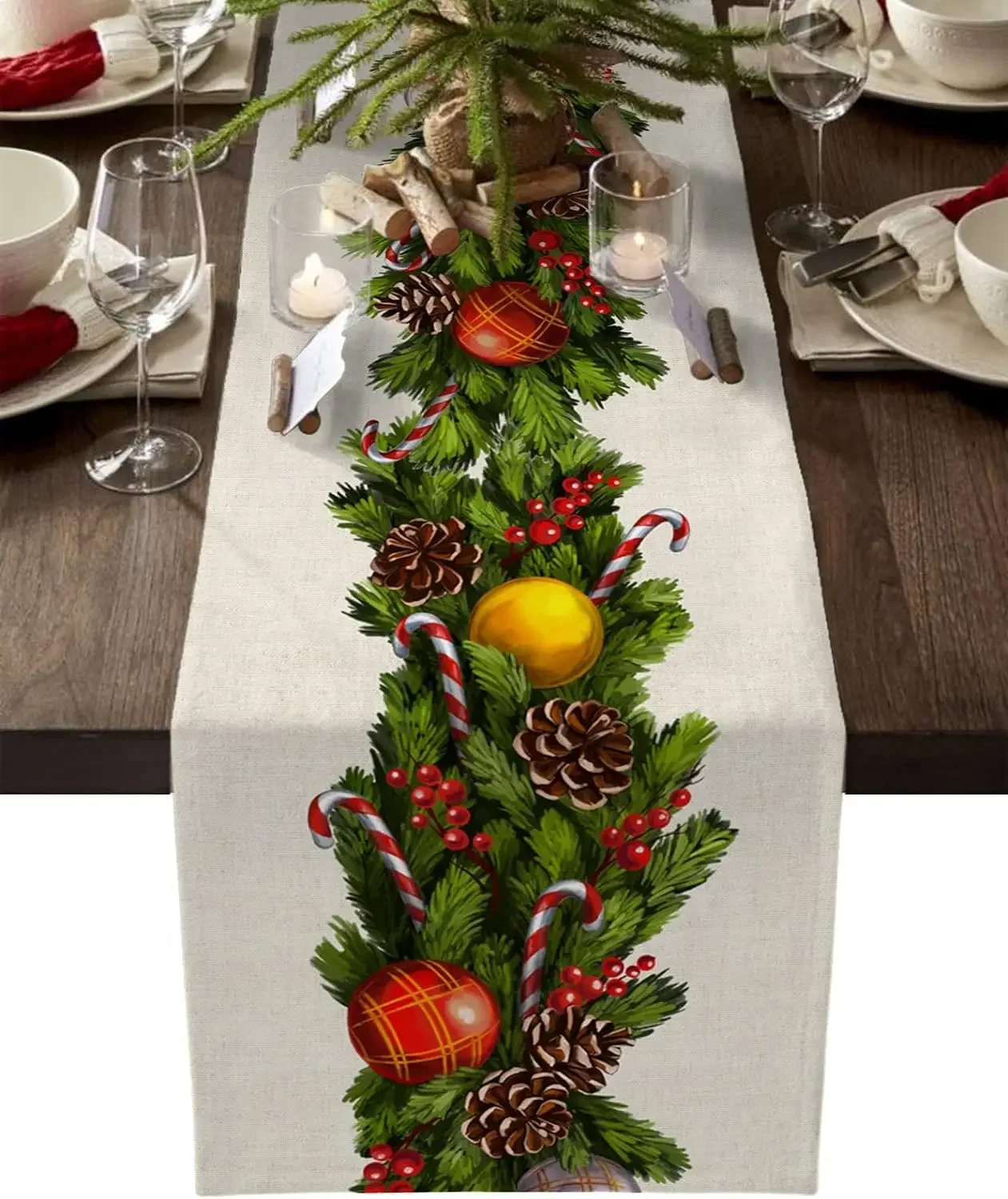 Christmas Balls Pine Cones Linen Table Runners Wedding Decor Washable Winter Xmas Dining Table Runners Christmas Decorations