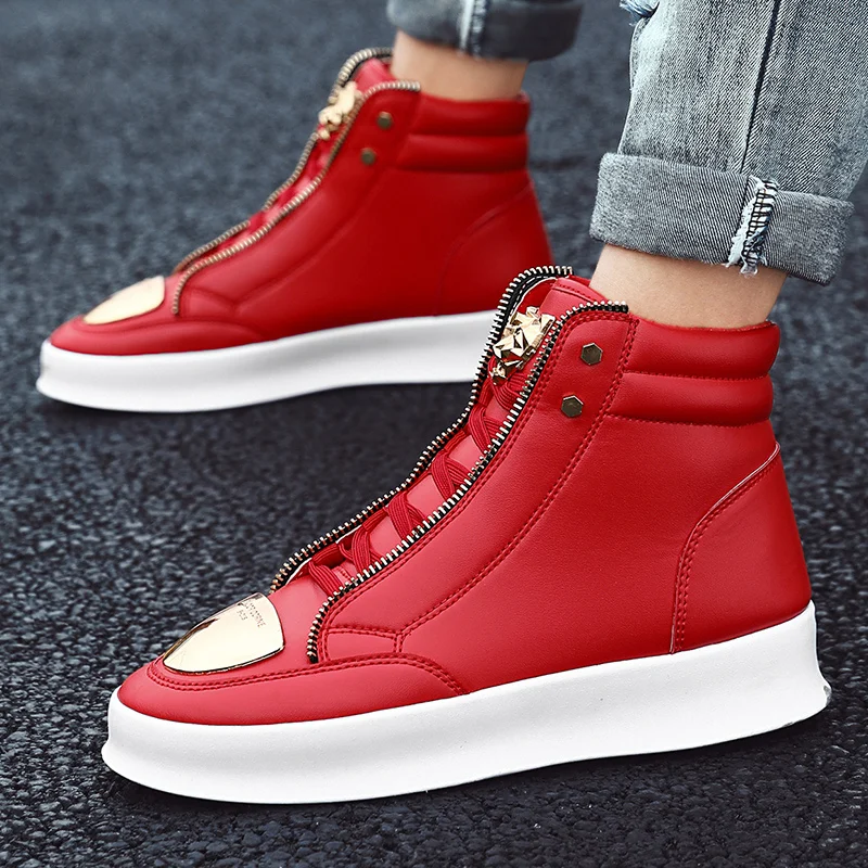 Zapatillas de deporte de cuero rojo con cremallera para hombre, zapatos planos de monopatín de moda, zapatillas de diseñador de lujo de piel de