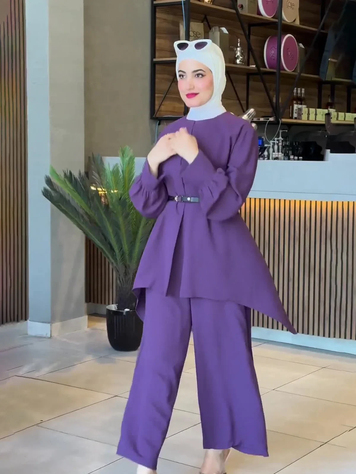 Muslim Two Piece Set Women Top Sashes Wide Leg Pants Suit Ramadan Morocco Dubai Islam Casual Ensemble Femme Arabic Outfits