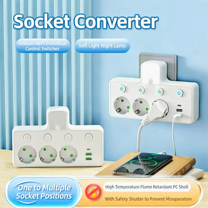 

Outlet 4 Sockets EU Plug Multitap Wall Power Strip Electrical Socket 2 USB 1 Type-C Ports No Extension Cord with 2500W MAX Power