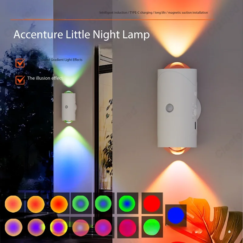 Creative new LED colorful gradient atmosphere nightlight intelligent human body induction magnetic magic color wall lamp