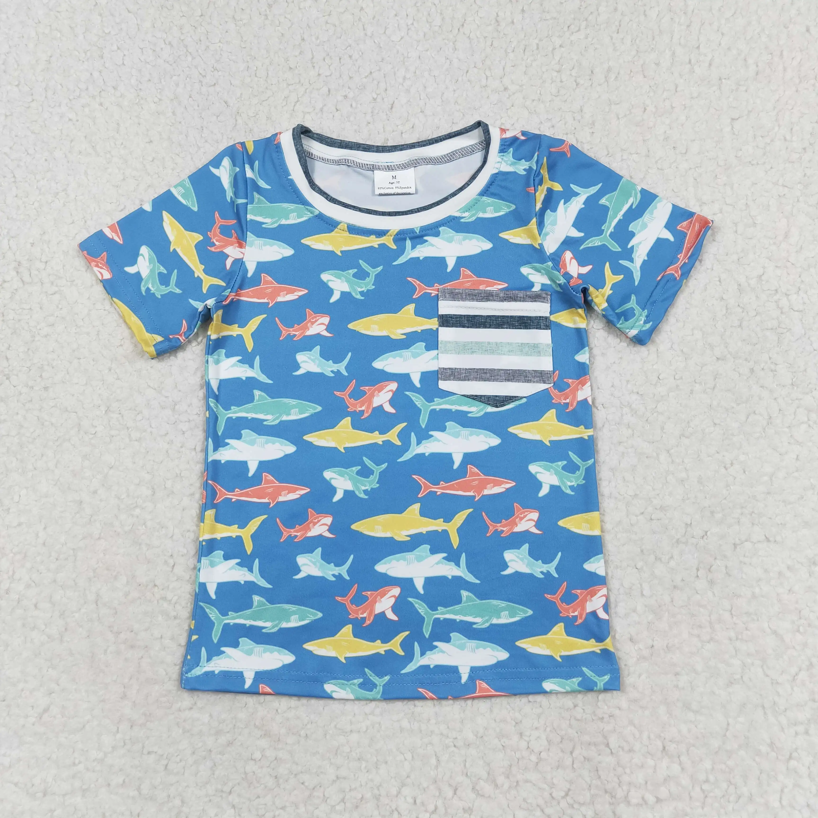 

z912-02 BT0667 Wholesale New Arrvial baby boy clothes Stripe Pocket Blue Short Sleeve Top Boutique toddler boys t-shirts