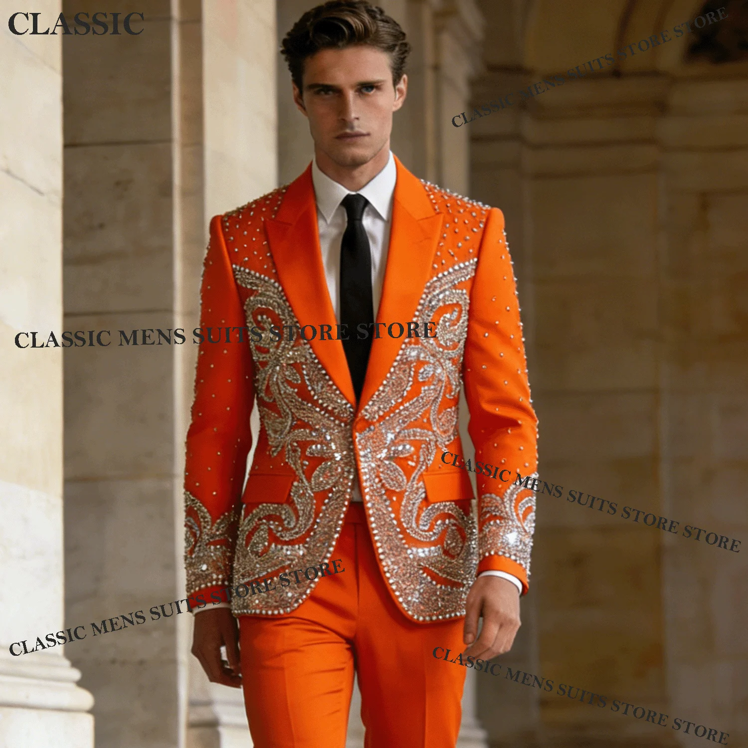 

Customized Glitter 2025 Crystals Men Wedding Tuxedos Slim Suits Peaked Lapel Ropa hombre Formal 2 Pieces Sets Groom Male Blazer