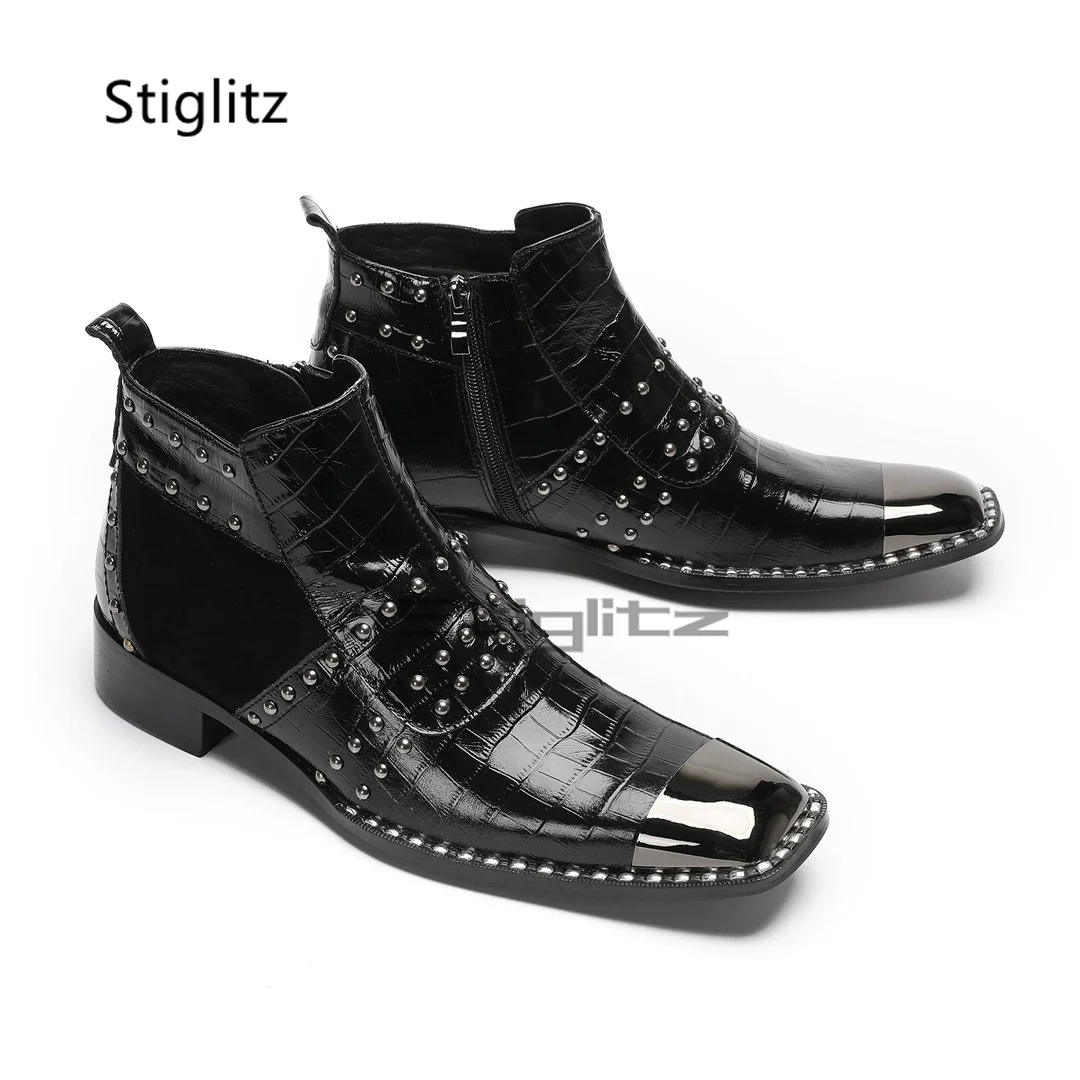 Men's Black Rivet Boots Genuine Leather Patchwork Ankle Boots Metal Square Toe Dress Zip Chelsea Boots Spring Autumn Male Shoes - view 5