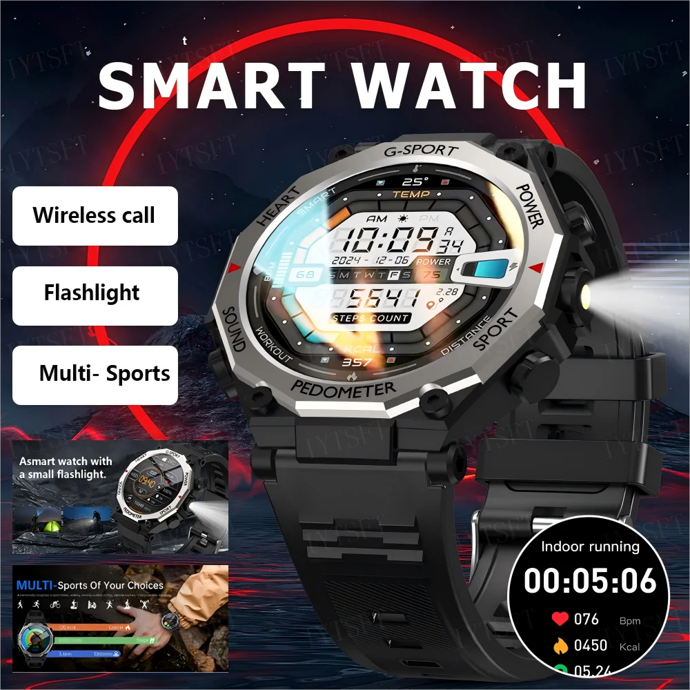 LAXASFIT 2025 New Smart Watch Bluetooth Talk with LED Flashlight Heart Rate Monitor Outdoor Sports Smart Watch