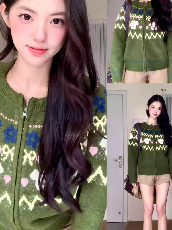 

Мягкий вязаный кардиган свободного кроя для женщин, осенне-зимний, в стиле кэжуал, с зеленым цветочным узором и принтом собаки, повседневный модный свитер-жакет