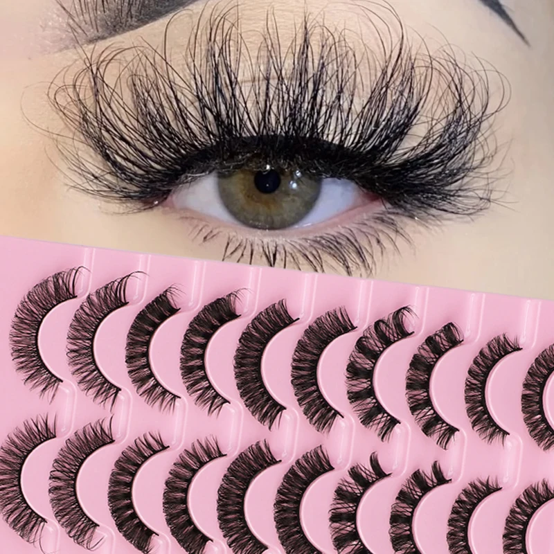 

Natural Fluffy False Eyelashes Wispy Clear Band Lashes 10Pair 3D Volume Strip Lashes D Curl Fake Eyelashes with Eyelash Tweezers