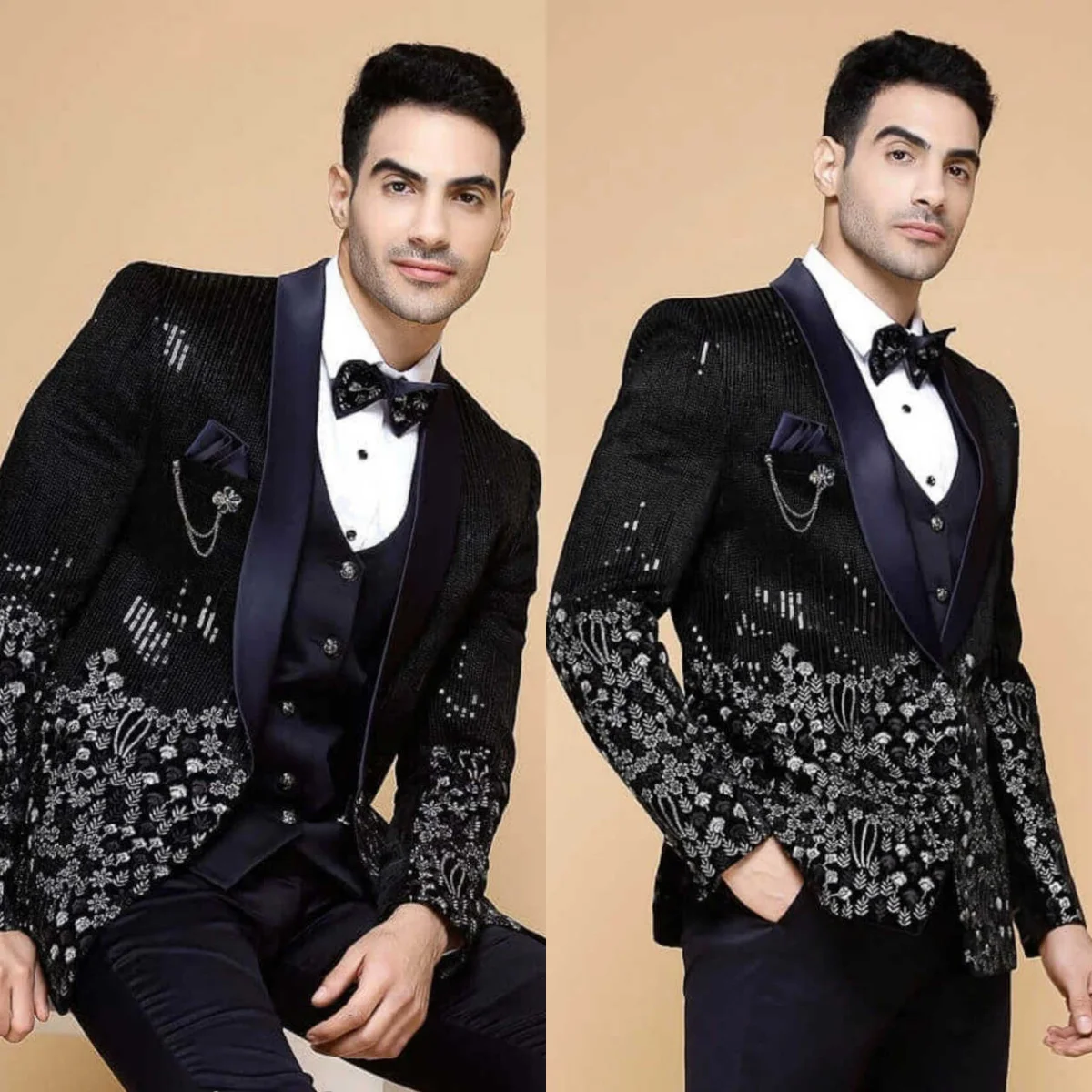 

Handsome Men Suits 2 Pieces Shawl Lapel One Button Tuxedos Sequins Appliques Classic Fit Wedding Party Jacket Customized