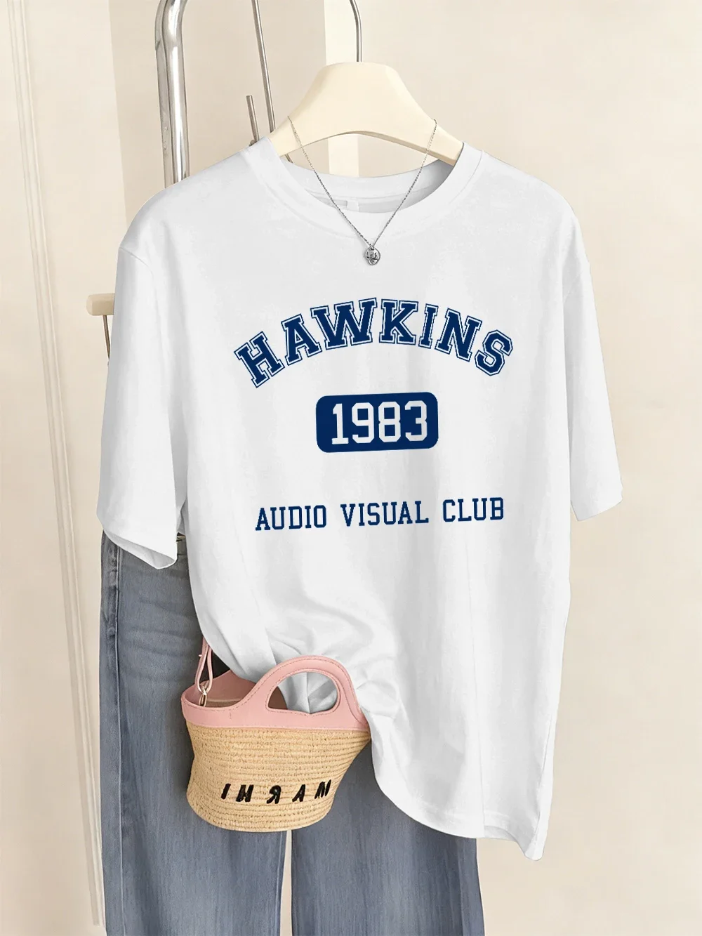 Women's Hawkins Audio Visual Club Printed T-Shirt Summer Loose Short Sleeve Top Casual Graphic Tees Harajuku Streetwear