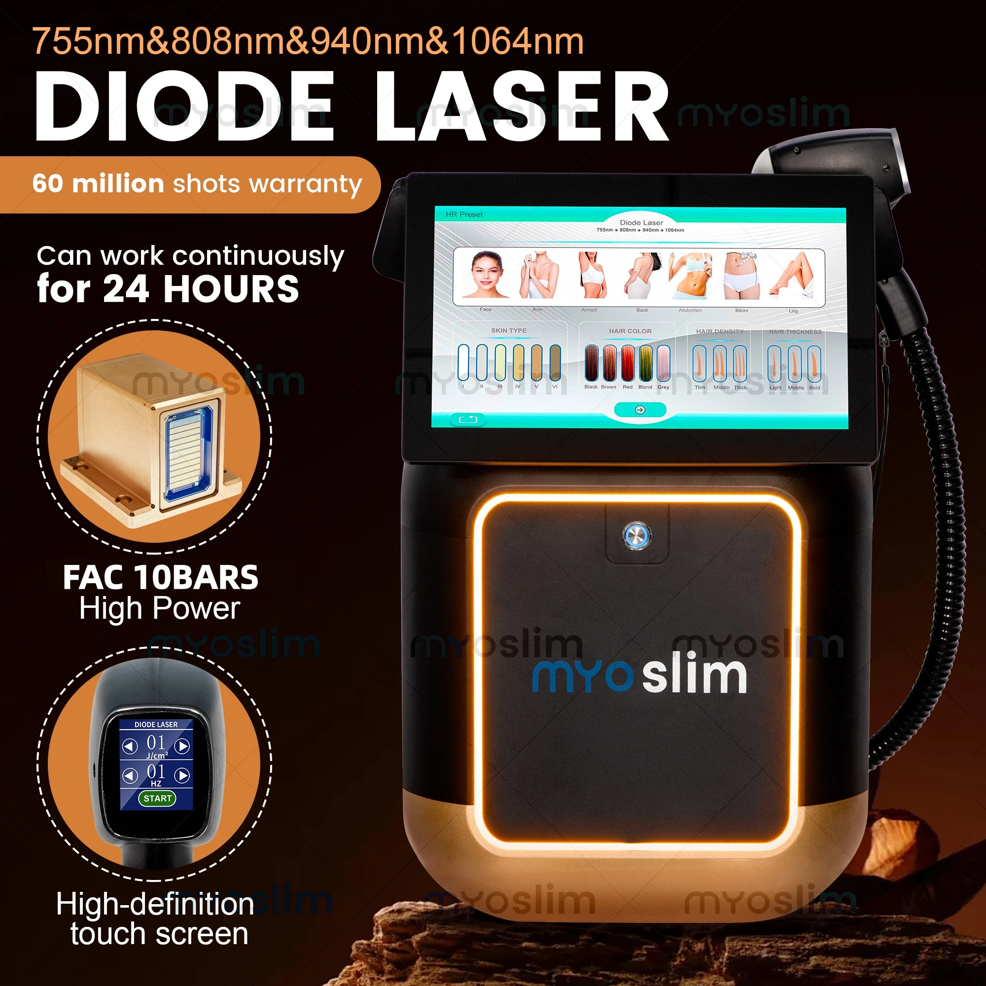 

Myoslim FAC 4 Wavelength 10 Bars Laser Hair Removal Machine Black Ice Platinum Cooling 808nm Diode Laser Hair Removal Device