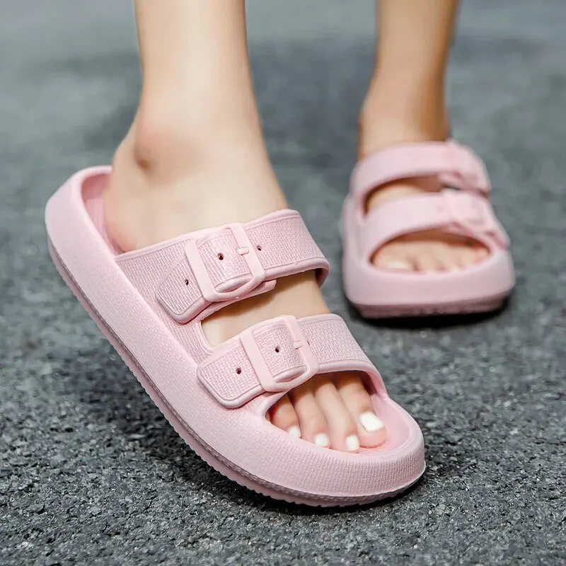 Summer Slippers Indoor Non-slip Women Men Couple Boken Double Buckle Home Slides EVA Thick Sole Flops Bothe Shower Shoes