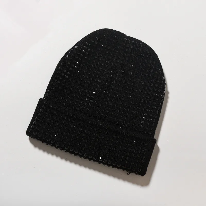 Women Solid Beanie with Stones Allover Ladies Girls Soft Warm Winter Hat Female Black Hats with Clear Black Crystals