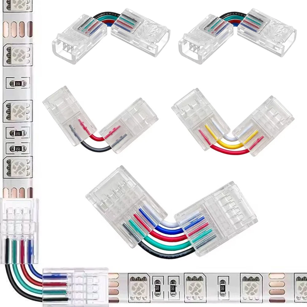 Bare Board LED Strip Light Transparent LED Connectors 2/3/4/5 PIN 8/10MM 3528/5050 RGB/W/CCT Solder-Free L-Shape Crystal Buckle