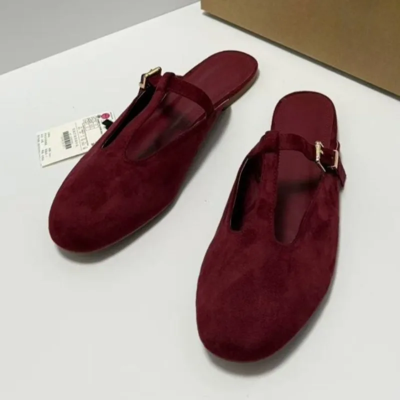 

Женские мюли из искусственной замши весна 2026, в стиле ретро, с Т-образным ремешком и пряжкой, легкие повседневные туфли без застежки, лаконичные женские балетки