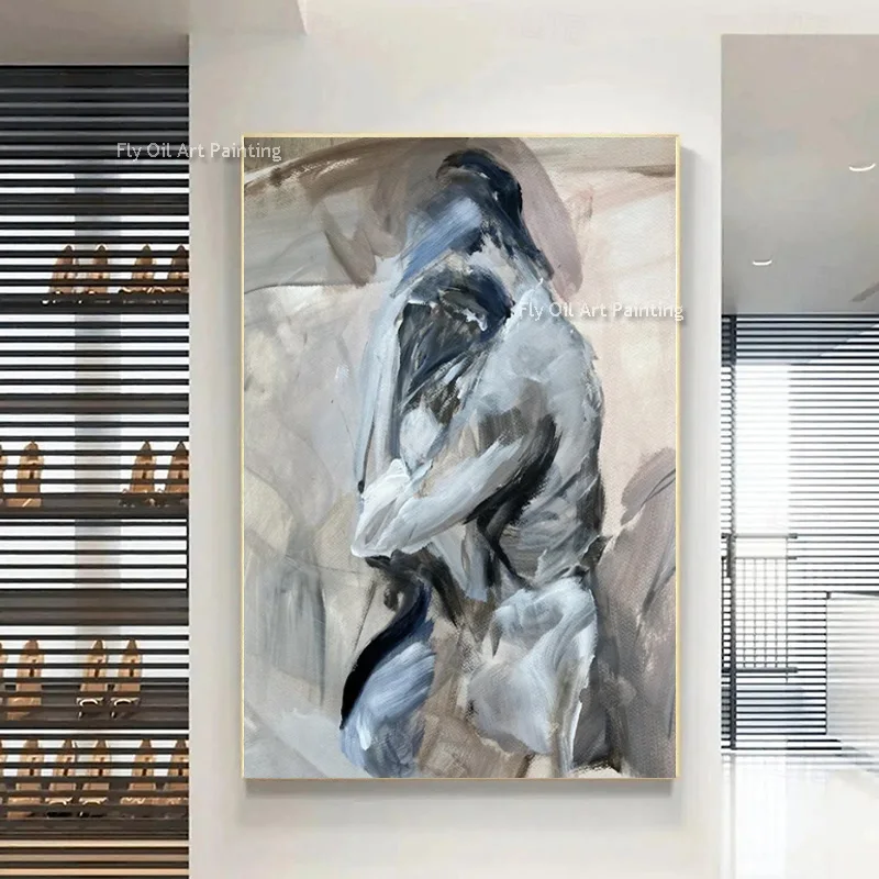 Abstracto gris azul Sexy pareja abrazos lienzo arte de la pared hecho a mano nuevo diseño púrpura y gris pueblos pintura al óleo para decoración de dormitorio