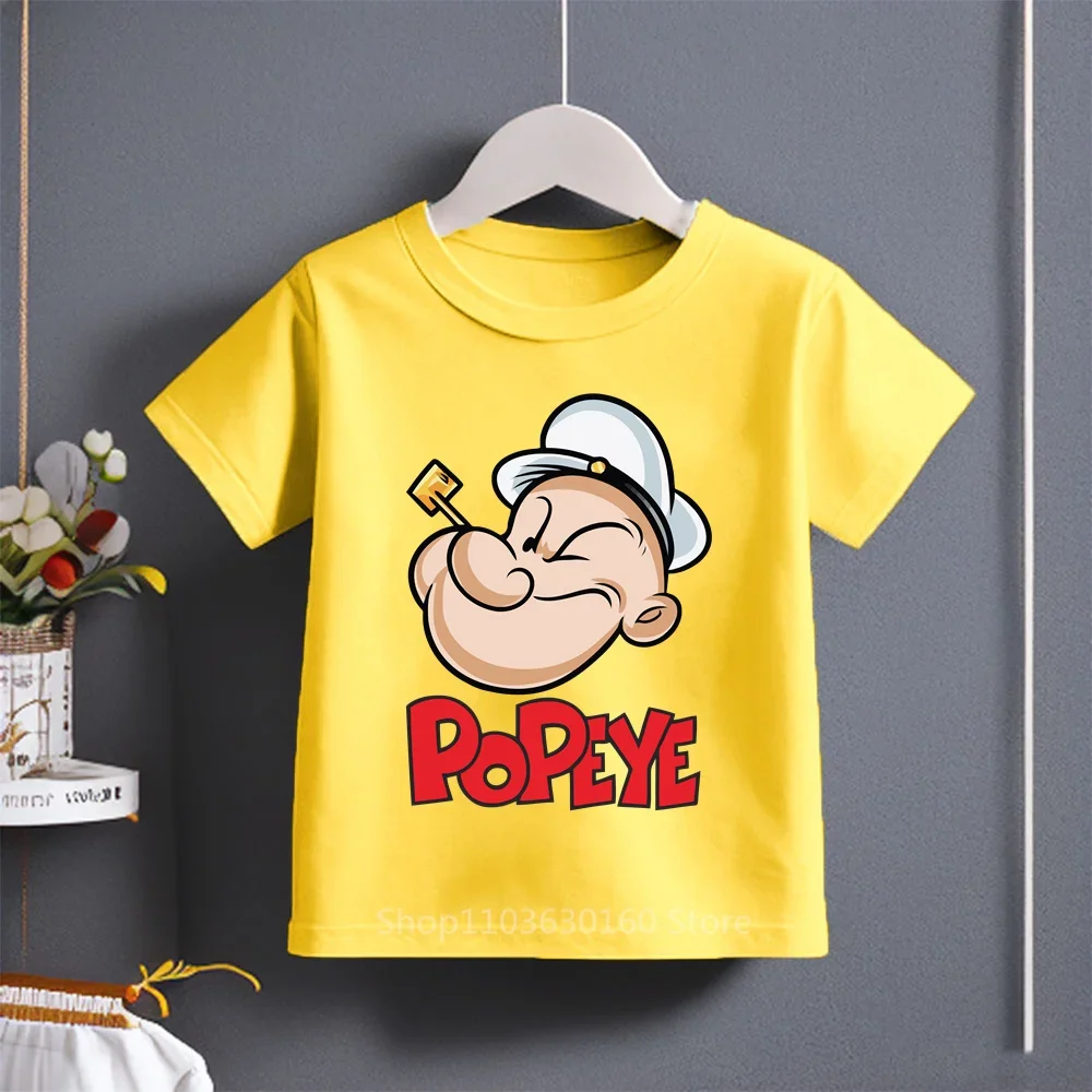 Cute Cartoon Popeye Printed Cotton T-shirt for Kids Ages 3-14, Stylish and Casual for Summer Wear