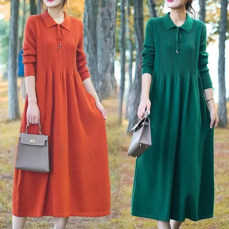 Winter New Woolen Dress Women\'s Long Polo Neck Loose Over Knee Dress Versatile Western Style Knitwear Bottom Long Dress L687